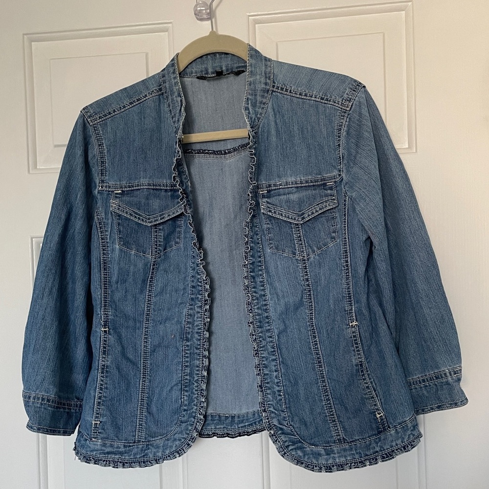 3/4 sleeve jean jacket with ruffle detail